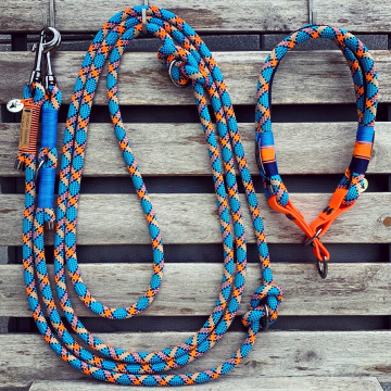Set aus extra langer (Sonderanfertigung), dreifach verstellbarer Leine und Zugstopp-Halsband (dreifach)